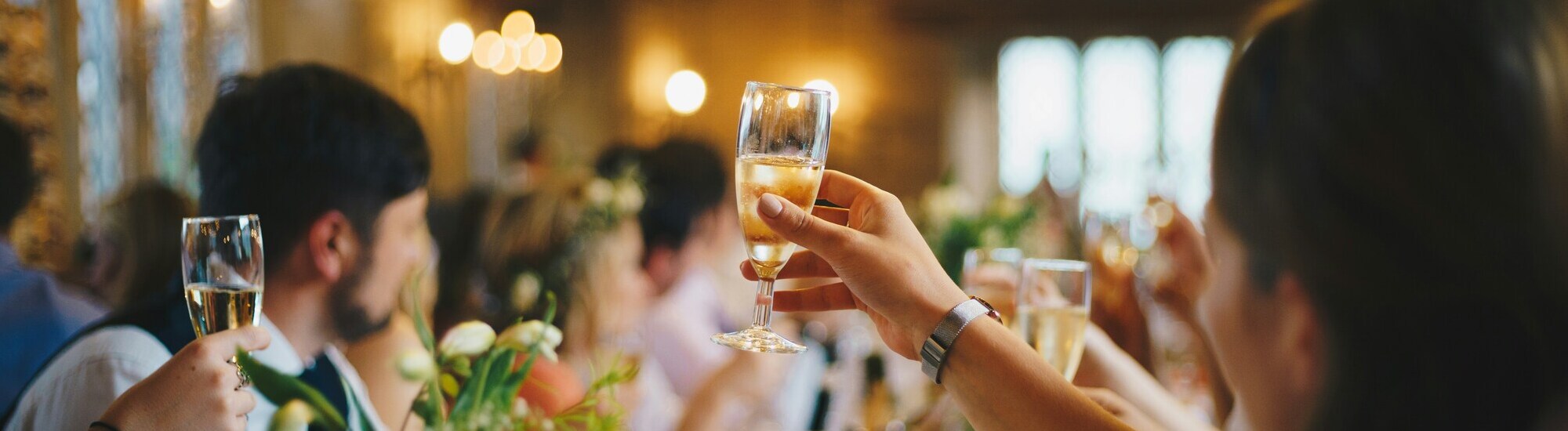 A group of people at a formal event raise glasses in a toast, with elegant decorations and soft lighting in the background.