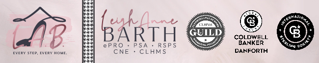 Logo for Leigh Anne Barth, a Coldwell Banker Danforth real estate agent. Includes stylized house and initials LAB, professional certifications, and membership badges for CLHMS Guild and the International Sterling Society.