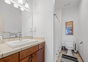 Modern bathroom with a wooden vanity, white sink, large mirror, overhead lights, toilet, shower with curtain, towel rack, wall art, trash can, and a black-and-white rug on tiled floor.