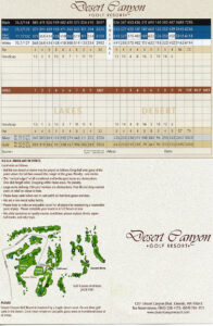 Scorecard for Desert Canyon Golf Resort showing pars, handicaps, and yardages for each hole from multiple tees, along with a small map of the course and contact information at the bottom.